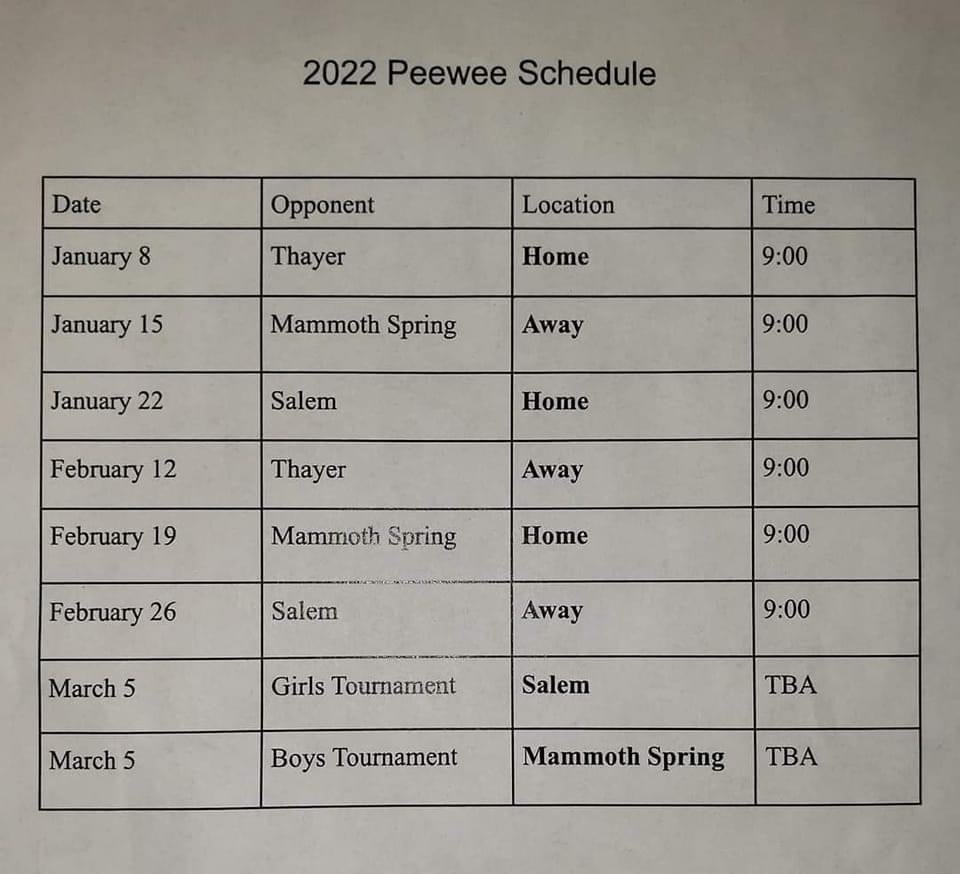 2022 Peewee Schedule