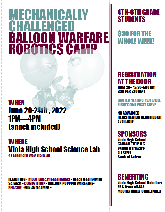 Balloon Warfare Robotics Camp Flyer