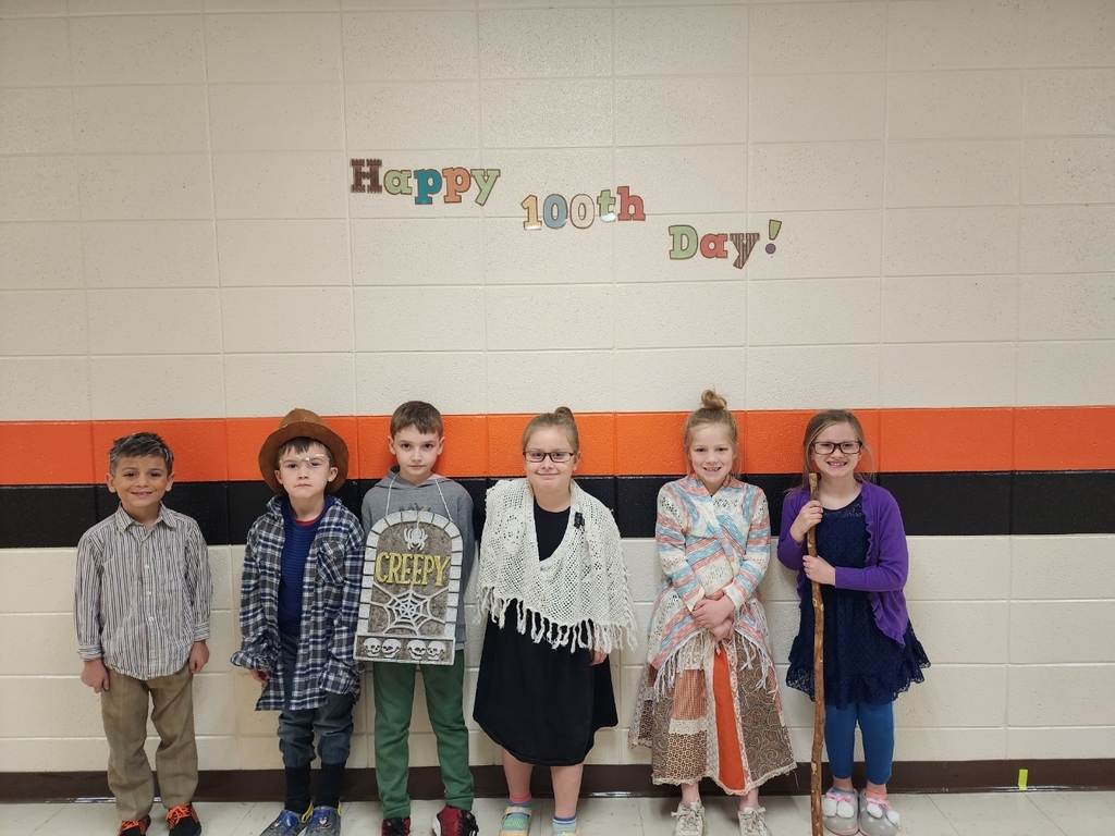 First graders who dressed up for the 100th day of school from left to right are: Jaxton Pasina, Corde Smith,Cainan Rains, Cheyenne DeHart, Hadassah Garner, and Kinsley Grass.